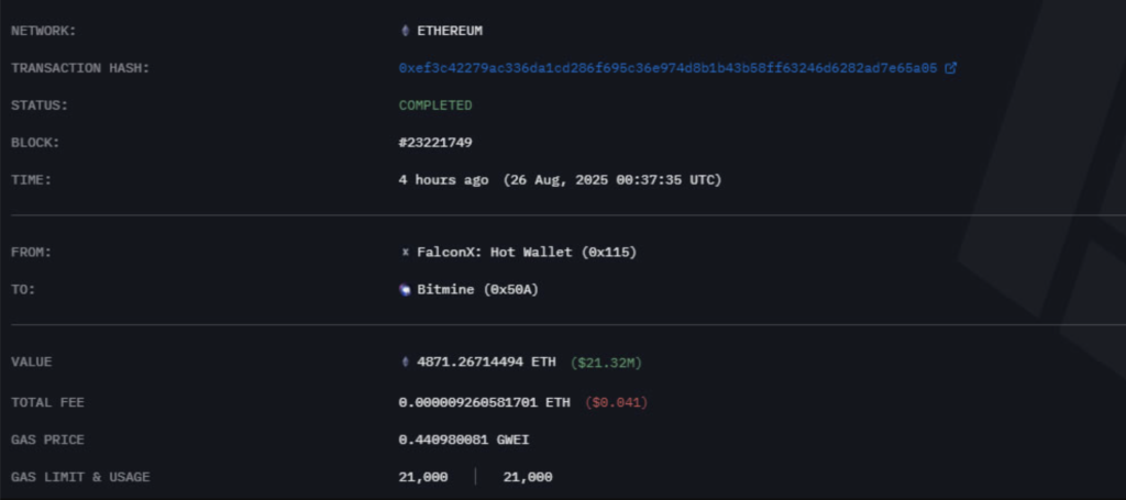 خرید فرصت‌طلبانه Bitmine در کف بازار اتریوم - منبع: Arkham Intelligence